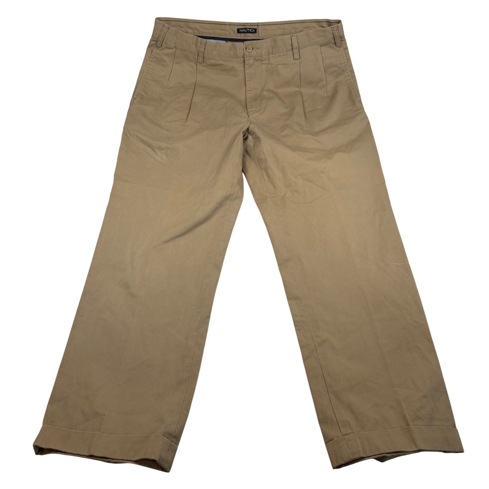 Nautica Mens 38x32 Khaki Tan Pleated Chino Pants Cotton Cuffed Straight Leg